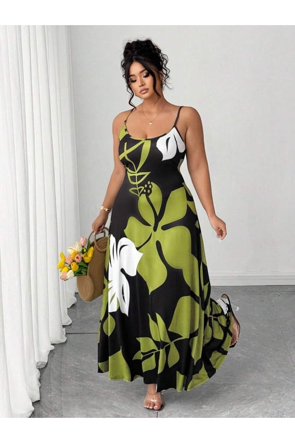 Plus Size Women's Elegant Long Printed Knit Maxi Dress with Spaghetti Straps