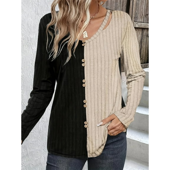 Plus Size Women's Elegant Two-Tone V-Neck Button-Up Top in Black & Beige