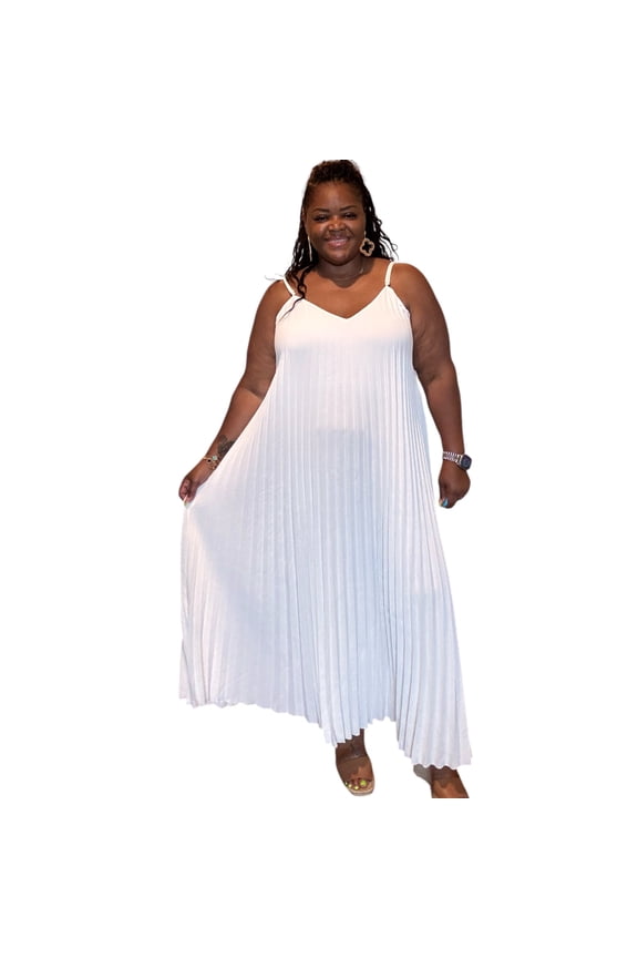 Plus Size Women's Elegant White Pleated Dress