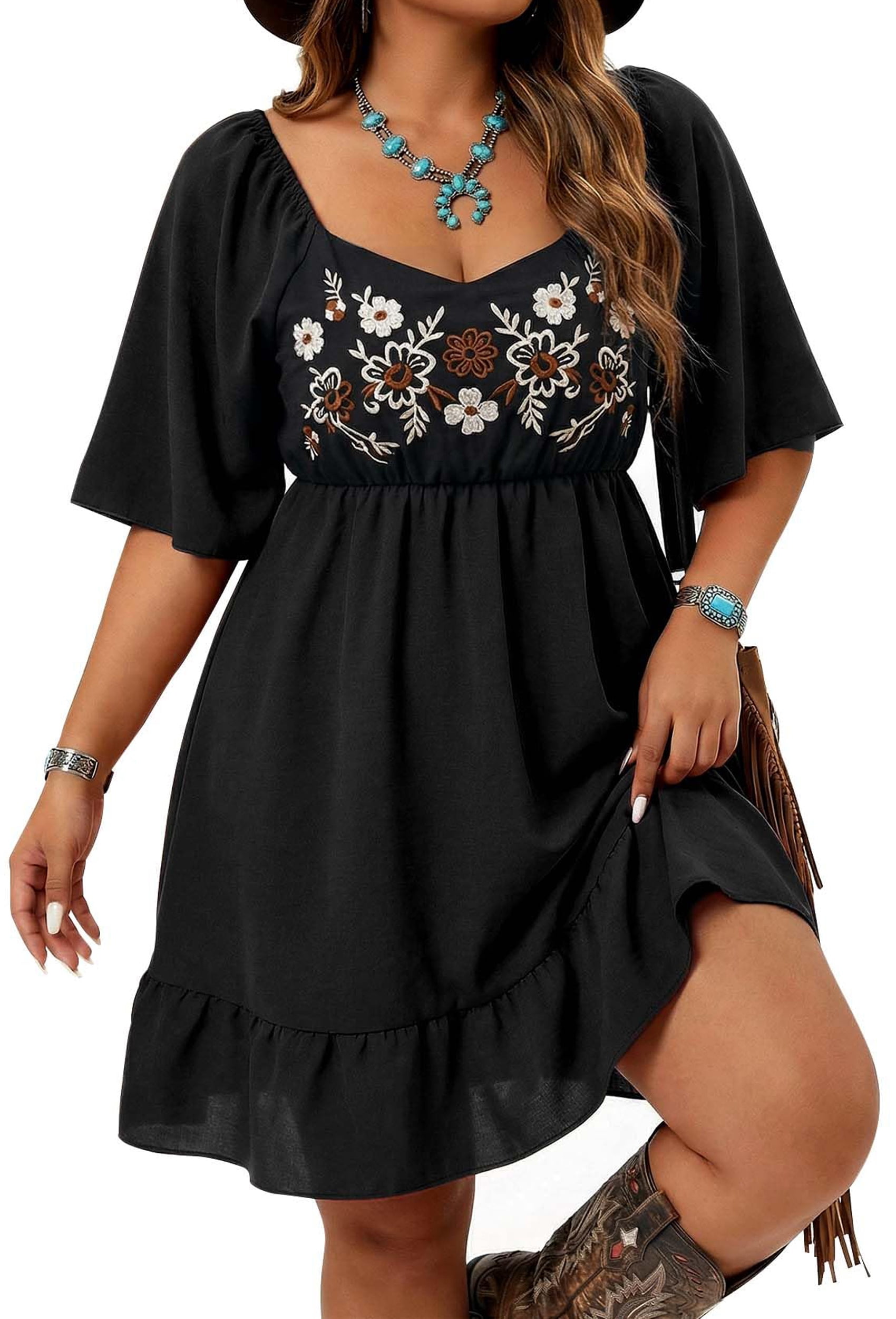 plus size western formal dresses SUOSDEY Women's Embroidered Floral Dress Country Concert Cowgirl Outfits a Line Flowy Vacation Midi Dress, Size: XL, Black extra large size gala plus size evening gowns