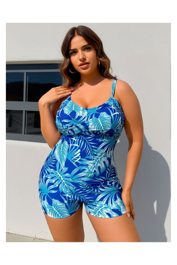 Plus Size Women's Fashion Print Tummy-Control Slimming Brief Backless Fitted One-Piece Swimsuit