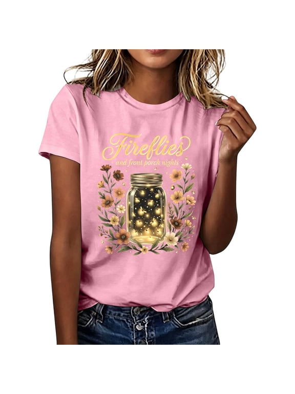 Plus Size Women's Firefly Print Short Sleeve T-Shirt Mason Jar Floral Botanical Graphic Tee Cottagecore Country Summer Nature Top Shirt