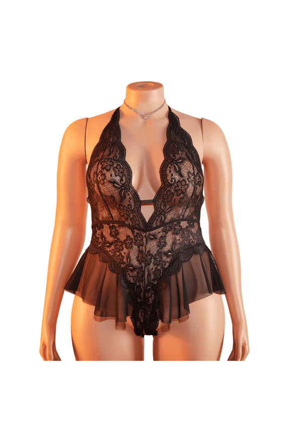 Plus Size Women's Halter Neck Lace Babydoll Nightgown Deep V-Neck Chemise Bodysuit Night Dress Black XXXL 1-Piece