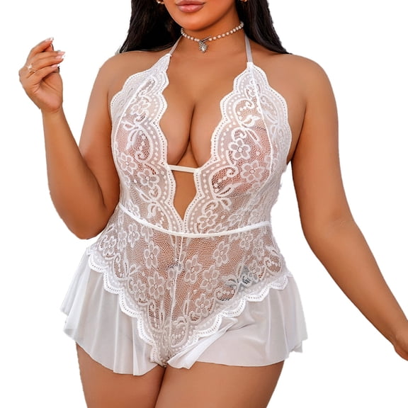 AESKEIA Plus Size Women's Halter Neck Lace Babydoll Nightgown Deep V-Neck Chemise Bodysuit Night Dress White XXXL 1-Piece