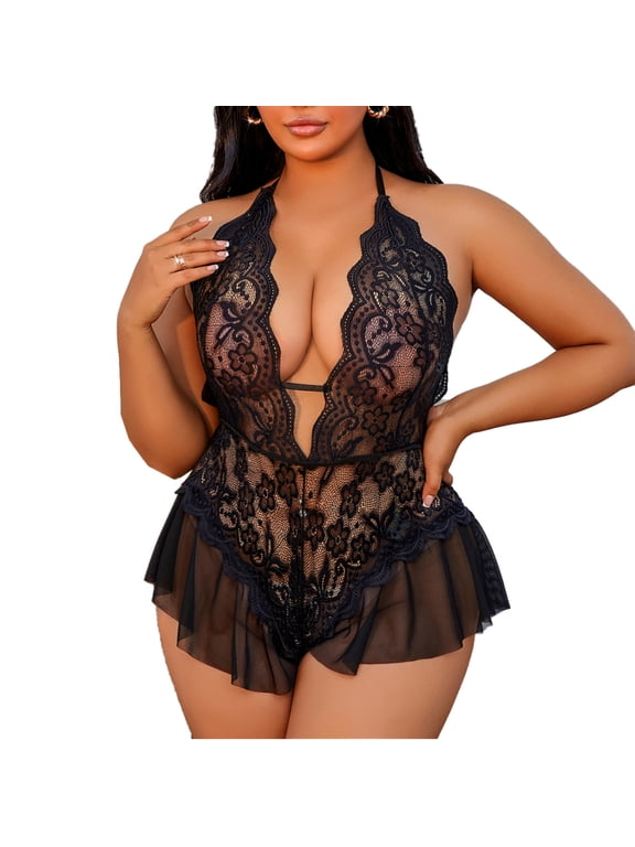 Plus Size Women's Halter Neck Lace Babydoll Nightgown Deep V-Neck Chemise Bodysuit Night Dress Black XXXL 1-Piece
