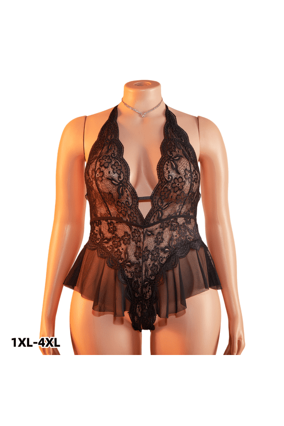 Plus Size Women's Halter Neck Lace Babydoll Nightgown Deep V-Neck Chemise Bodysuit Night Dress Black 4XL 1-Piece