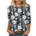 thumbnail image 1 of Plus Size Women's Floral Print 3/4 Sleeve Tshirts Crewneck Tunic Tops Classic-Fit Basic Tee Clothes, 1 of 5