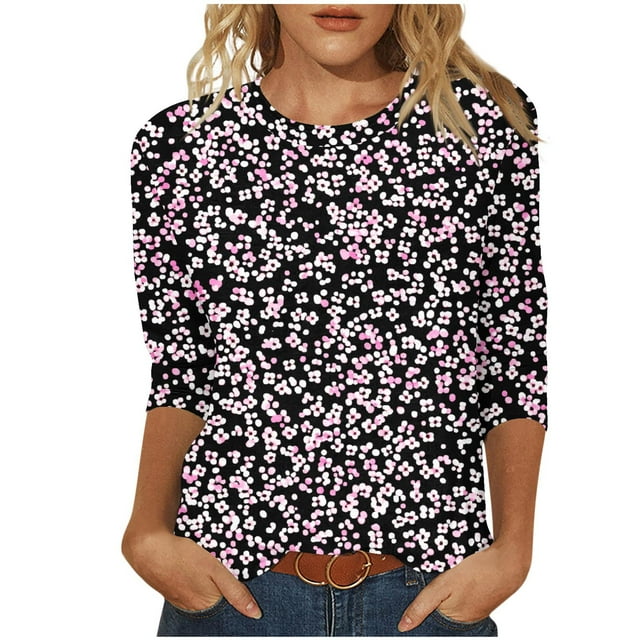 Plus Size Women's Floral Print 3/4 Sleeve Tshirts Crewneck Tunic Tops Classic-Fit Basic Tee Clothes