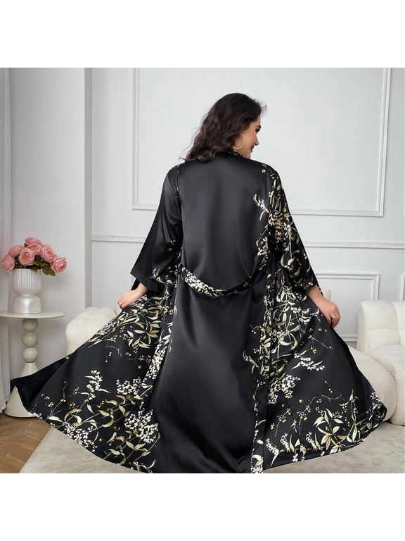 Plus Size Women's Floral Print Satin Kimono Robe, Long Sleeve Wrap Bathrobe Loungewear Sleepwear 5XL