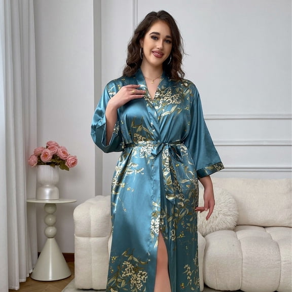 Plus Size Women's Floral Print Satin Robe, Casual Comfort Long Kimono‑Style Nightgown Loungewear for Sleep & Lounge 3XL