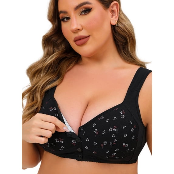 Front Closure Wireless Bra for Older Women - Plus Size Cotton Comfort Bra with Wide Straps U-Back Support for Posture & Pain Relief