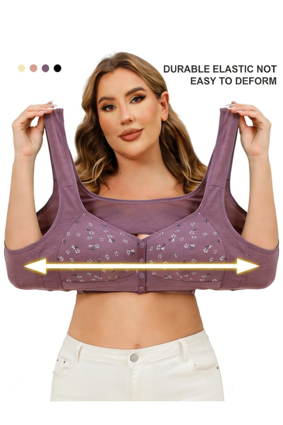 Daisy Bras for Older Women Floral Plus Size Bra - Wireless Front Closure U-Back Vest Bra with Wide Straps, Cotton Lined Comfort
