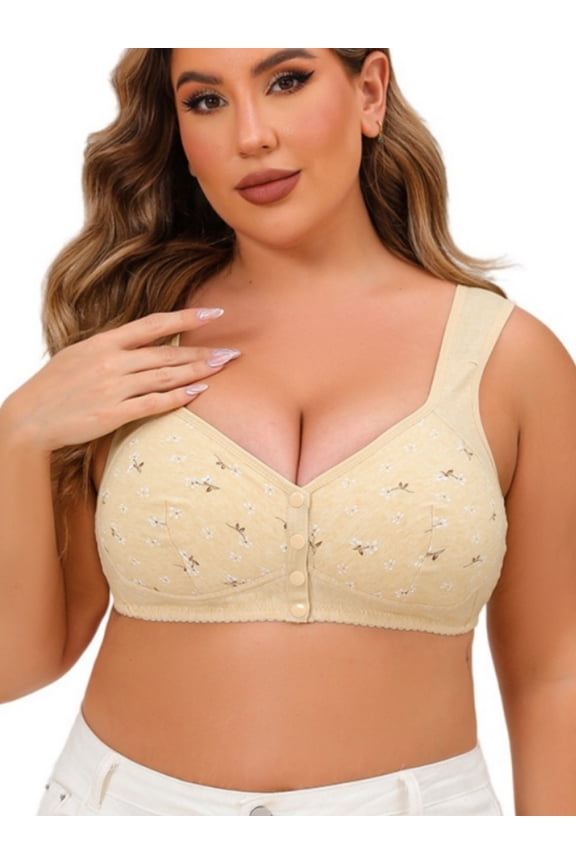 Daisy Bras for Older Women Floral Plus Size Bra - Wireless Front Closure U-Back Vest Bra with Wide Straps, Cotton Lined Comfort