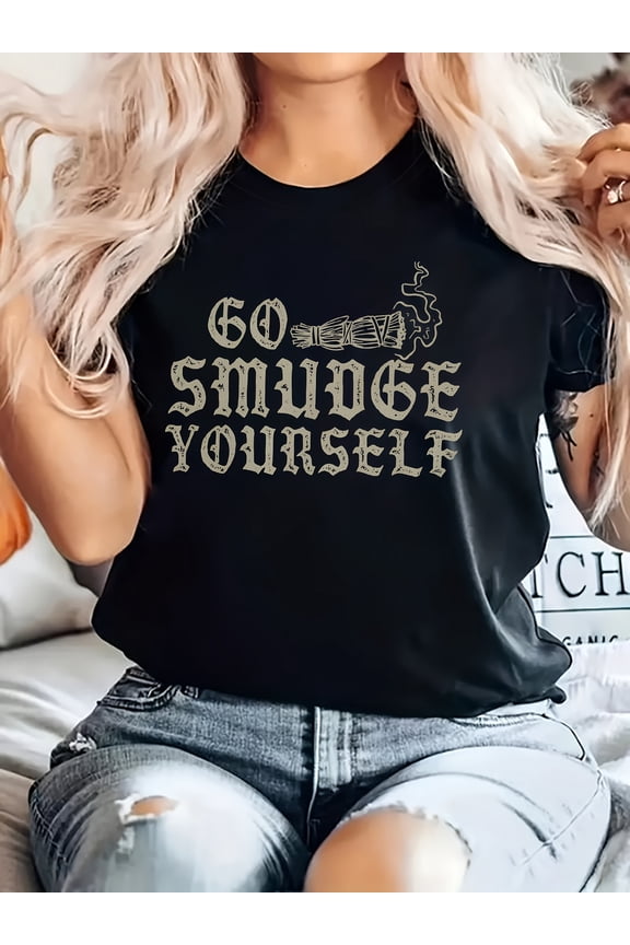 Plus Size Women's Gothic Witchy "Go Smudge Yourself" Graphic T-Shirt with Broom & Potions Print, Short Sleeve Crew Neck, Wiccan & Halloween Top for Casual Wear
