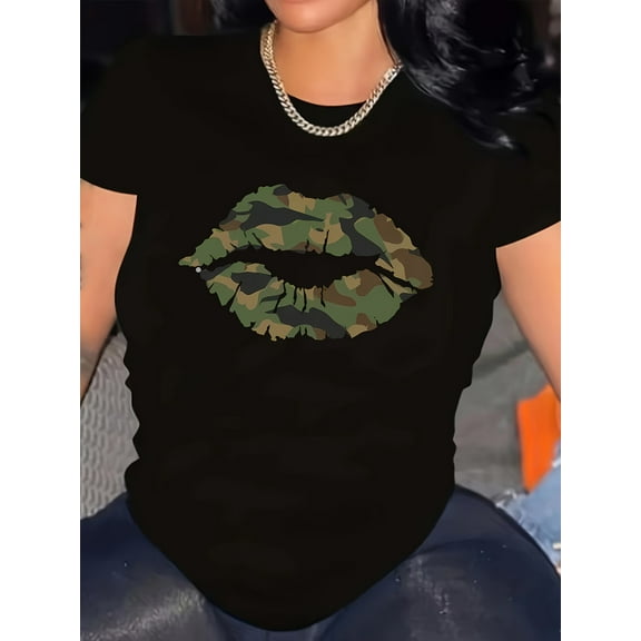 Plus Size Women's Graphic Letter T-Shirt Leaf Print Camouflage top Fashion Camouflage Clothes
