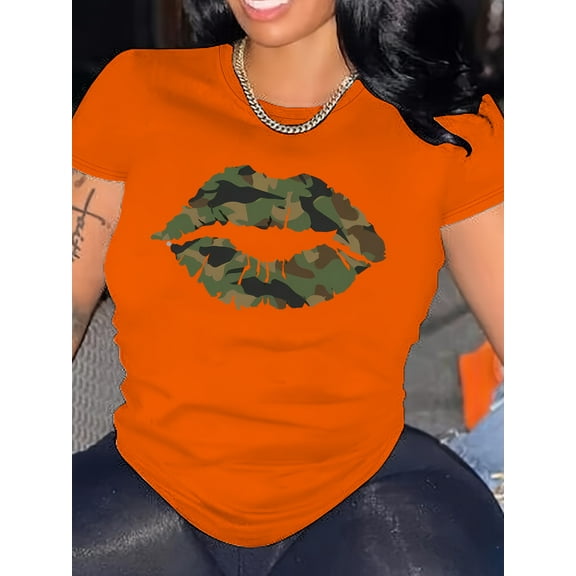 Plus Size Women's Graphic Letter T-Shirt Leaf Print Camouflage top Fashion Camouflage Clothes