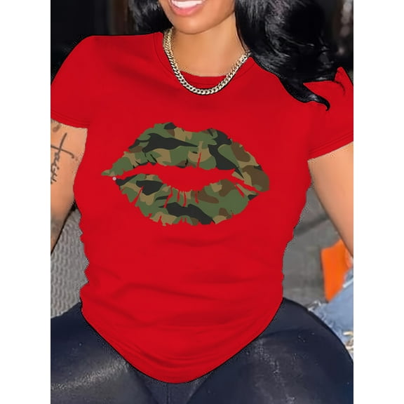 Plus Size Women's Graphic Letter T-Shirt Leaf Print Camouflage top Fashion Camouflage Clothes