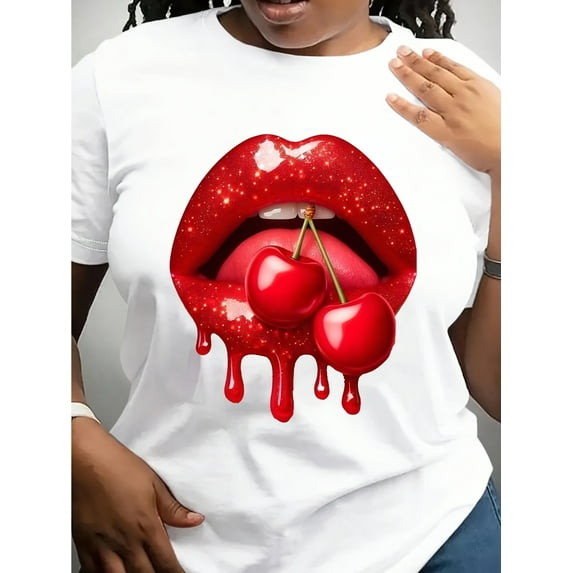 Plus Size Women's Graphic T-Shirt - Bold Red Lips & Cherry Print, 100% Cotton Casual Short Sleeve Round Neck Top for Spring/Summer Daily Wear, Ladies T Shirts, Comfortable Tee, Playful Design