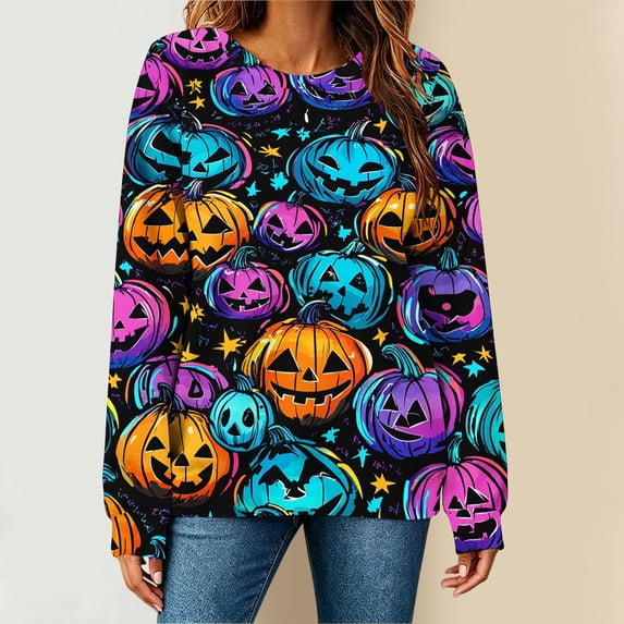 Plus Size Women's Halloween Graphic Sweatshirts Crew Neck Long Sleeve Comfortable