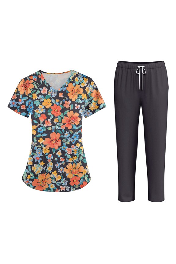 Plus Size Women's Halloween Printed Scrub Set Short Sleeve Cross V-Neck Workwear Top & Pants With Pockets Orange S