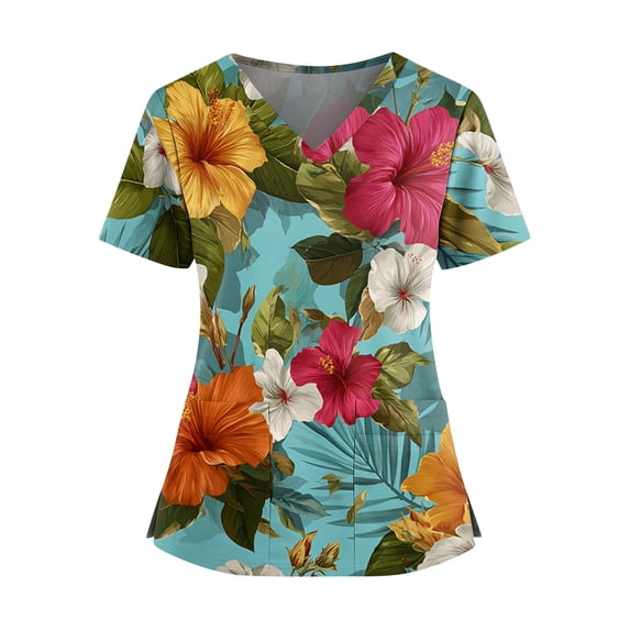 Plus Size Women's Hawaiian Tropical Print Scrub Top V Neck Short Sleeve Nurse Work Uniform Shirt with Pockets Ladys Medical Workwear Summer Blouse