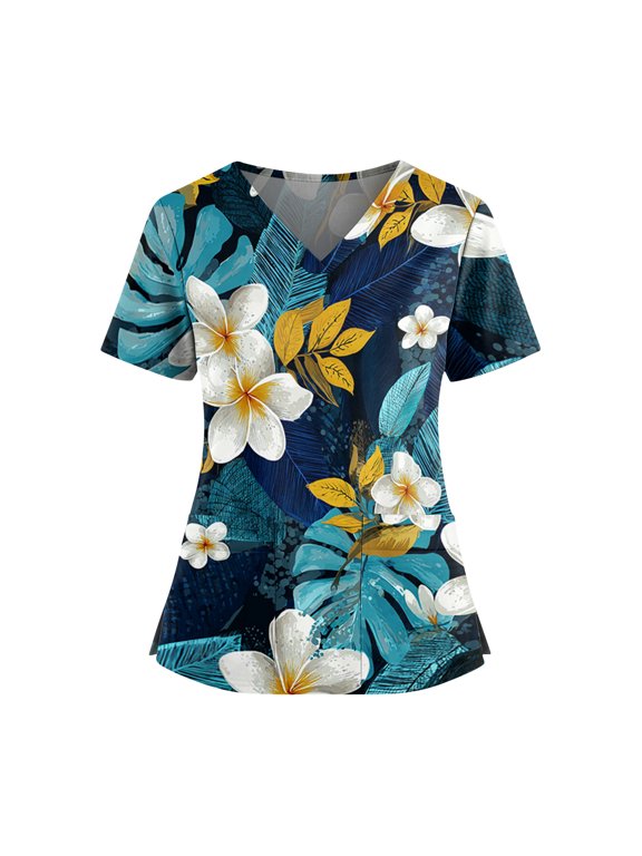Plus Size Women's Hawaiian Tropical Print Scrub Top V Neck Short Sleeve Nurse Work Uniform Shirt with Pockets Ladys Medical Workwear Summer Blouse