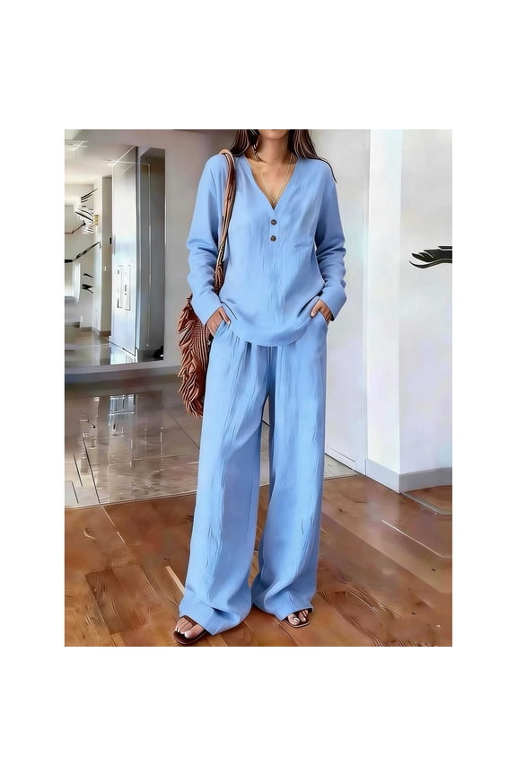 Plus Size Women's Hemp Blend Wide Leg Pants, High Waisted Elastic Waist with Pockets, Casual Loose Trousers for Work Beach Travel, Long Straight Leg Pants | UKHCCC,Light Blue 2XL