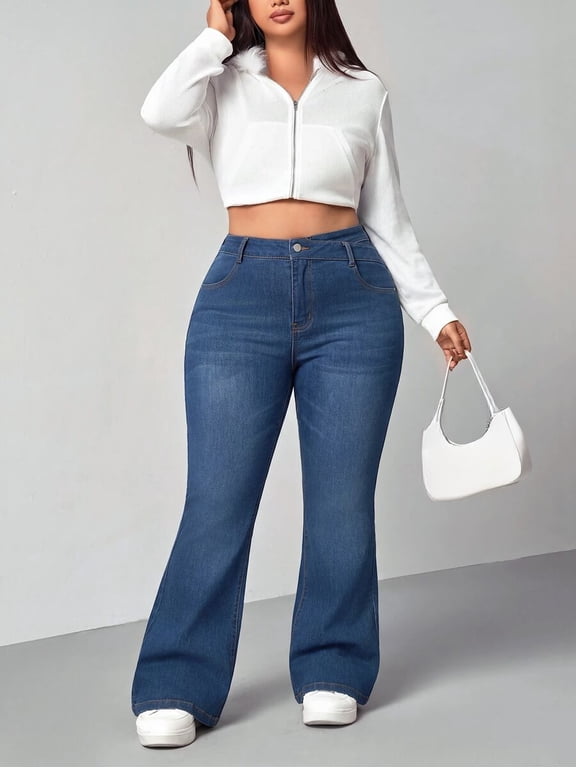 Plus Size Women's High Waist Flare Jeans, Slim Fit Stretchy Bell Bottom Pants, Fitted Full Length Trousers, Casual Everyday Wear for Women