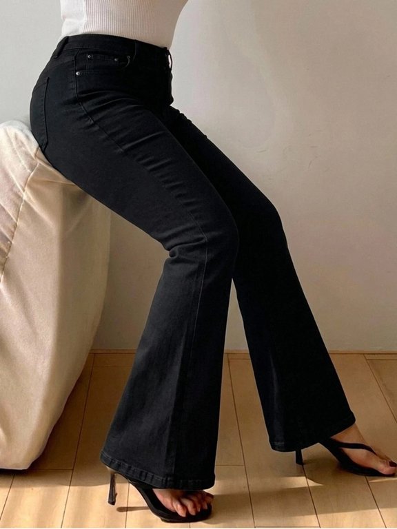 Plus Size Women's High Waist Flare Jeans, Slim Fit Stretchy Bell Bottom Pants, Fitted Full Length Trousers, Casual Streetwear Everyday Wear