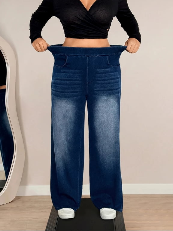 Plus Size Women's High Waist Straight Leg Jeans, Elastic Waist Pull On Pants, Loose Fit Full Length Trousers, Business Casual Work Office Wear
