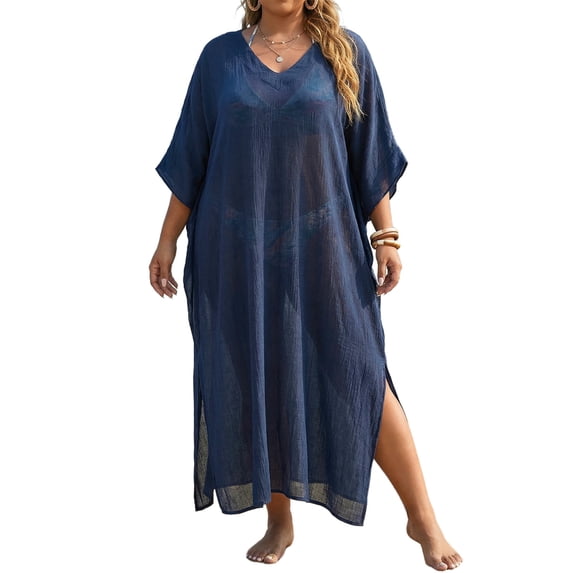 Plus Size Women's Kaftan Dresses 3/4 Batwing Sleeve V-Neck Maxi Dress Casual Summer Beach Swimsuit Bathing Cover Up