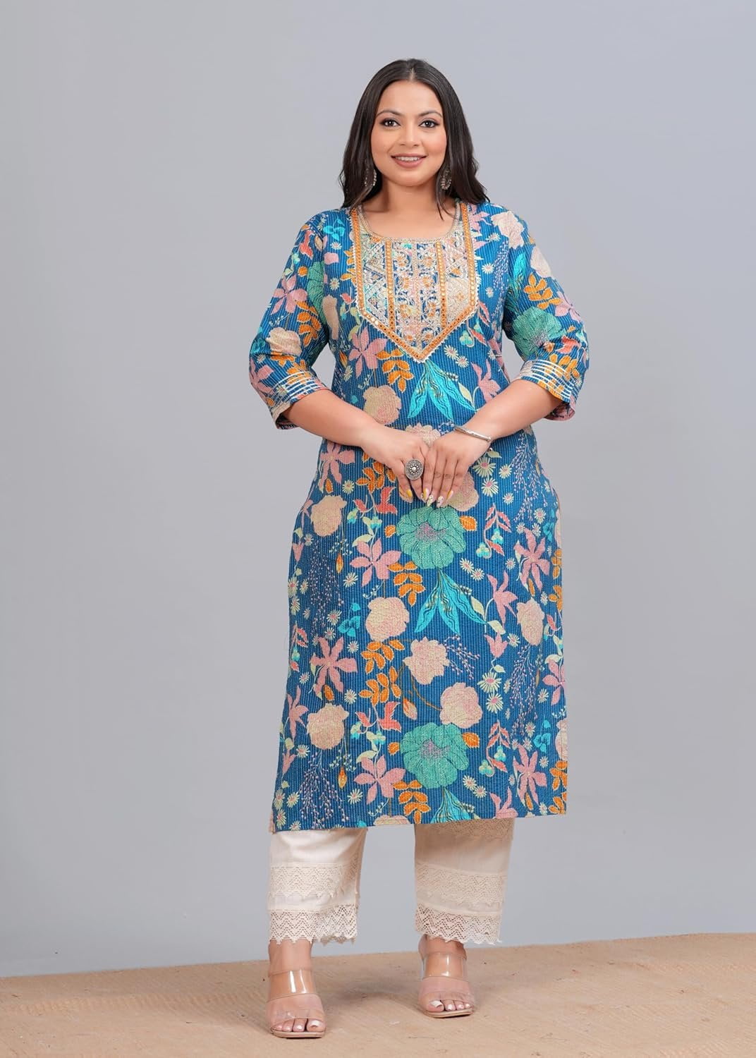 Women'S Grey Floor Length Cotton Kurta Plus Size main image 0