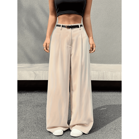 Plus Size Women's Khaki High Waisted Pleated Wide Leg Pants