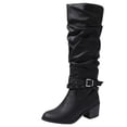 thumbnail image 1 of Plus Size Women's Knee High Boots Vintage Pleated Belt Buckle Slip-On Chunky Mid Heel Wide Calf Boots, 1 of 8