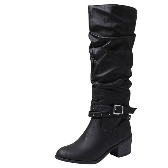 Plus Size Women's Knee High Boots Vintage Pleated Belt Buckle Slip-On Chunky Mid Heel Wide Calf Boots