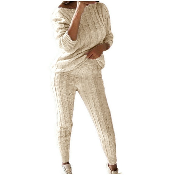 Plus Size Women's Knitted Sets Long Sleeve O Neck Sweater Slim Stretch Skinny Long Pants Solid Casual Loungewear Sets Beige,4XL