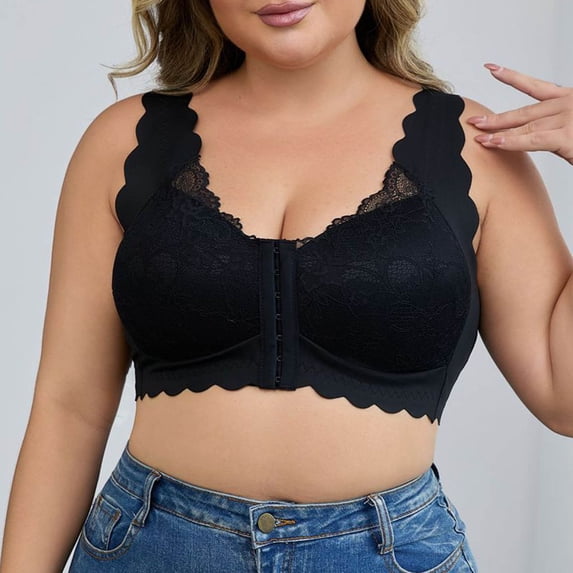 Yijfswar Plus Size Women's Lace Floral Front Closure Bra, No Underwire Comfortable T-Shirt Everyday Bra