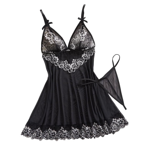 Plus Size Women's Lace Trim Sheer Babydoll Lingerie Sexy Plus Size Nightgown with Bow for Romantic Evenings