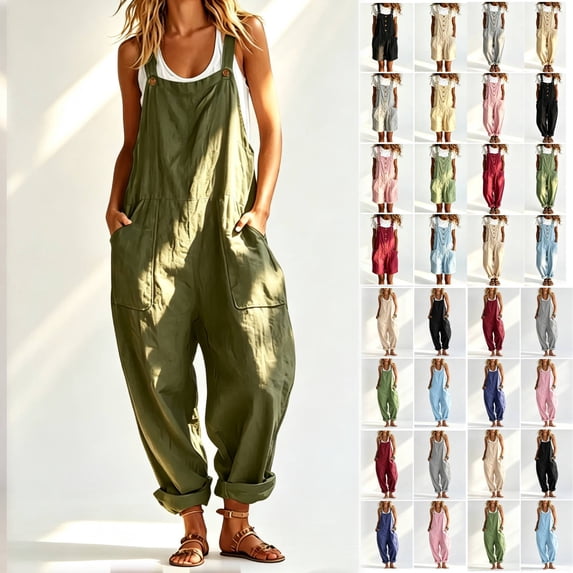 Plus Size Women's Lightweight Cotton Linen Solid Rompers, Sleeveless Shoulder Strap Full Length Overalls with Pockets for Daily Dating Indoor Relax Birthday | TruHer,Black 2XL