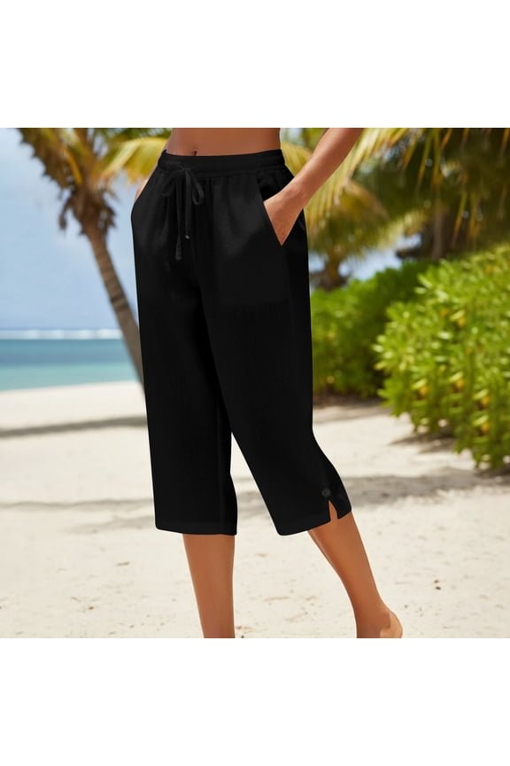Plus Size Women's Linen Loose Capris Pants Drawstring Elastic Waist Wide Leg Split Hem Cropped Trousers Summer Wear Black 5XL
