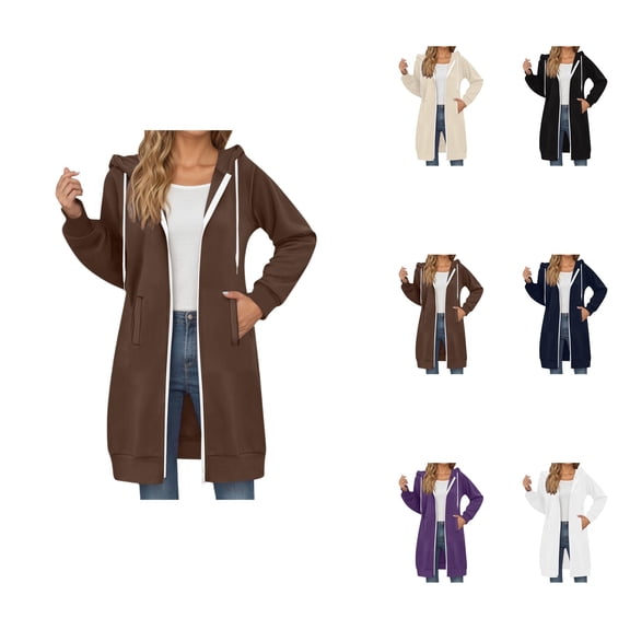 Plus Size Women's Long Hooded Sweatshirt, Casual Pullover Jacket with Double Zipper and Drawstring Pockets, Tunic Style Fall Winter Coat for Everyday Wear