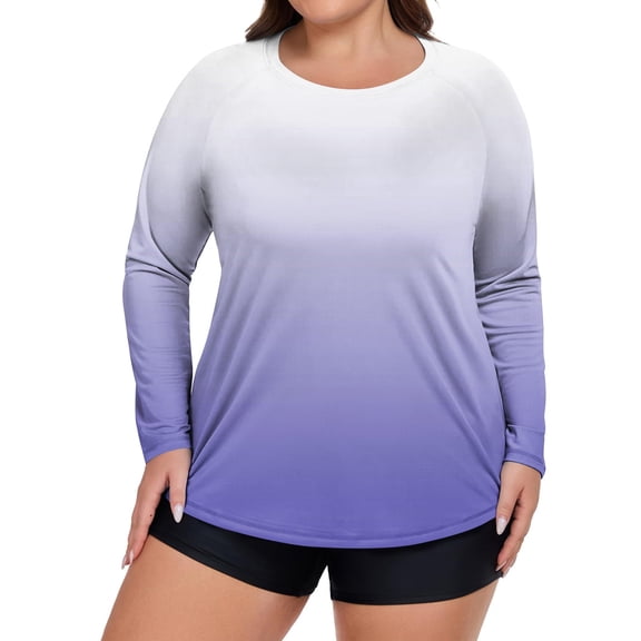 Plus Size Women's Long Sleeve Gradient Rash Guard Shirt UV Protection Quick-Dry Top for Water Sports Beach