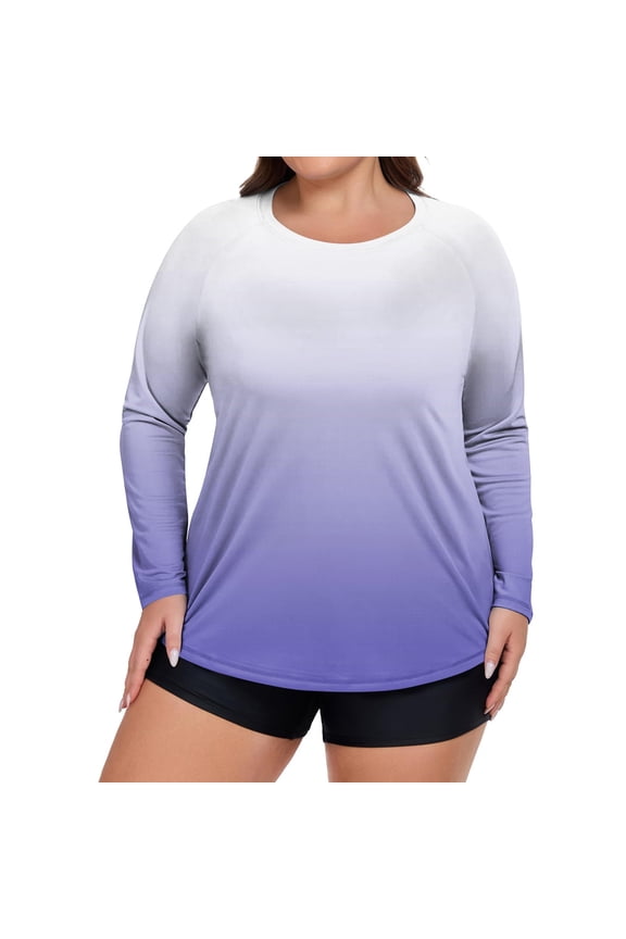 Plus Size Women's Long Sleeve Gradient Rash Guard Shirt UV Protection Quick-Dry Top for Water Sports Beach