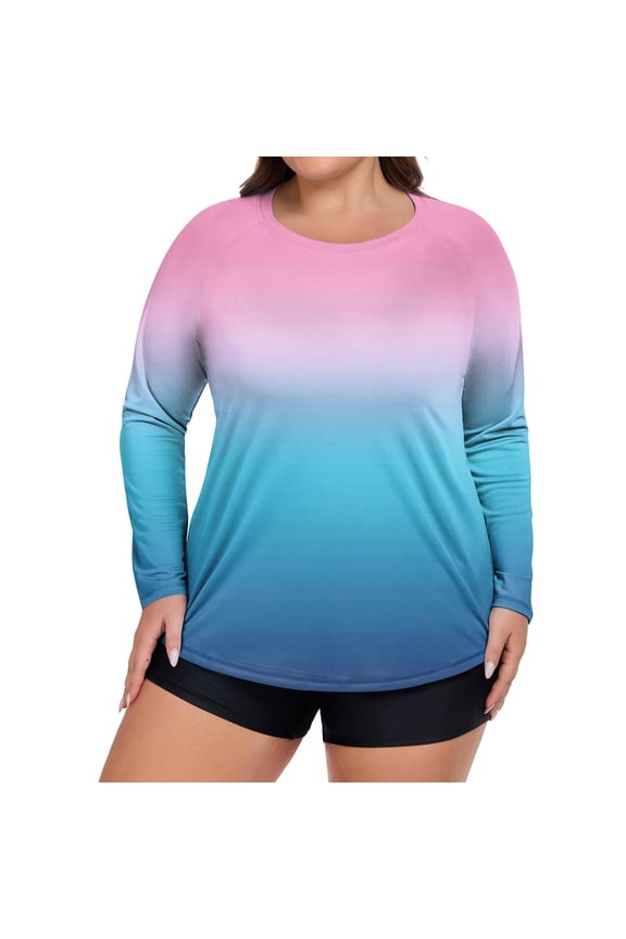 Plus Size Women's Long Sleeve Gradient Rash Guard Shirt UV Protection Quick-Dry Top for Water Sports Beach