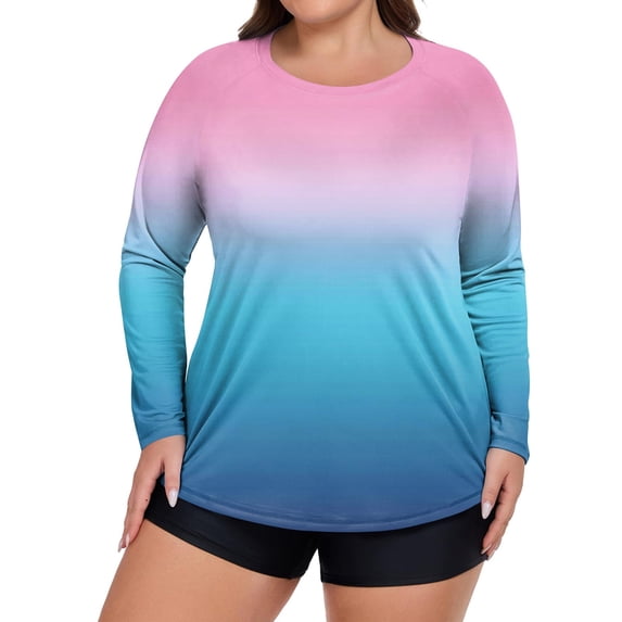 Plus Size Women's Long Sleeve Gradient Rash Guard Shirt UV Protection Quick-Dry Top for Water Sports Beach