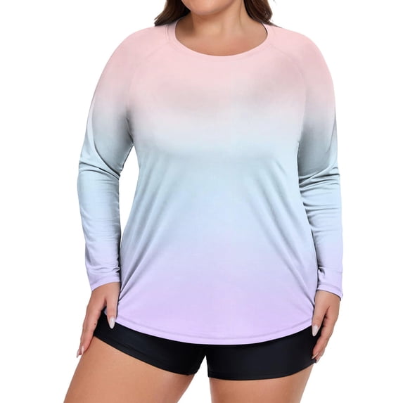 Plus Size Women's Long Sleeve Gradient Rash Guard Shirt UV Protection Quick-Dry Top for Water Sports Beach