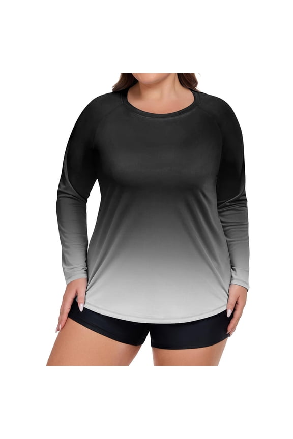Plus Size Women's Long Sleeve Gradient Rash Guard Shirt UV Protection Quick-Dry Top for Water Sports Beach