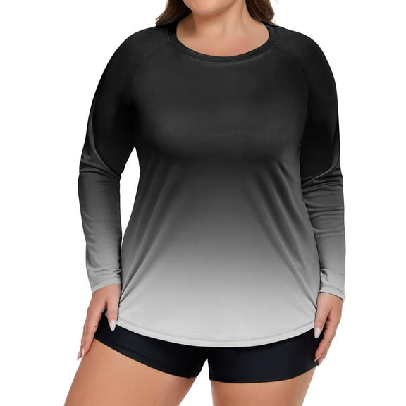 Plus Size Women's Long Sleeve Gradient Rash Guard Shirt UV Protection Quick-Dry Top for Water Sports Beach