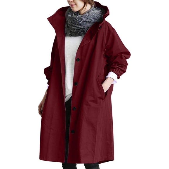 Plus Size Women's Long Sleeve Hooded Windcoat Button Up Casual Loose Trendy Solid Windbreaker Classic Outerwear Wine,XL