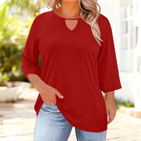 Plus Size Women's Loose Fit Going Out Tops Casual Solid Color Crew Neck 3/4 Sleeve Tee Shirt Basic Streetwear Red XXXL